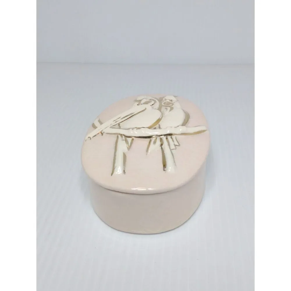 Vintage MCM Ceramic‎ Pink Trinket Box With Lid White Birds On Branch Gold Accent